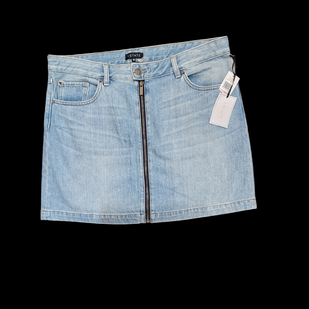 1. State Light Blue Denim front full zip Skirt